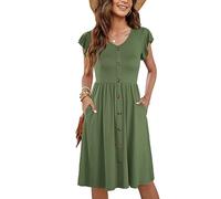 MOLERANI Women Summer Dresses Ruffle Sleeve V Neck Casual Swing Elastic Waist Midi Dress with Pockets PocketsPlain Army Green Size 14