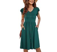 MOLERANI Women Summer Dresses Ruffle Sleeve V Neck Casual Swing Elastic Waist Midi Dress with Pockets Natural Dark Green S