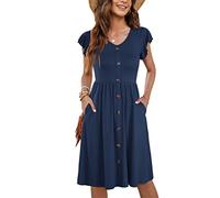 MOLERANI Women Summer Dresses Ruffle Sleeve V Neck Casual Swing Elastic Waist Midi Dress with Pockets Plain Navy Blue M UK12