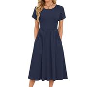 MOLERANI Women Summer Dresses - Short Sleeve Round Neck A-line Sundress Plain Dress Casual Swing Elastic Waist Midi Dress with Pockets Navy Blue S