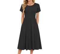 MOLERANI Women Summer Dresses - Short Sleeve Round Neck A-line Sundress Plain Dress Casual Swing Elastic Waist Midi Dress with Pockets Black 2XL