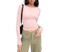 MOLERANI Women Y2k Basic Long Sleeve Top Solid Color Crew Neck Tight T-Shirt Basic Tee Tops Pink S