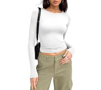 MOLERANI Women Y2k Basic Long Sleeve Top Solid Color Crew Neck Tight T-Shirt Basic Tee Tops White XS