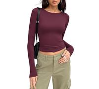 MOLERANI Women Y2k Basic Long Sleeve Top Solid Color Crew Neck Tight T-Shirt Basic Tee Tops Wine Red M