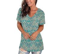 MOLERANI Womens Short Sleeve Tops Summer V Neck Shirts Soft Comfy T-Shirts Boho Floral Green S UK 8-10
