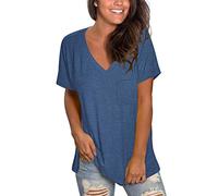 MOLERANI Women's Short Sleeve V-Neck Shirts Loose Casual Tee Summer Tops with Pocket (L, Dark Blue)