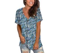 MOLERANI Women's Short Sleeve V-Neck Shirts Loose Casual Tee Summer Tops with Pocket (L, Flower Sea Blue)