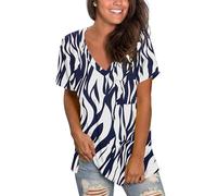 MOLERANI Women's Short Sleeve V-Neck Shirts Loose Casual Tee Summer Tops with Pocket (L, White Navy Leaf)