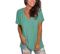 MOLERANI Women's Short Sleeve V-Neck Shirts Loose Casual Tee Summer Tops with Pocket (M, Grass Green)