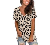 MOLERANI Women's Short Sleeve V-Neck Shirts Loose Casual Tee Summer Tops with Pocket (XL, HR Leopard)