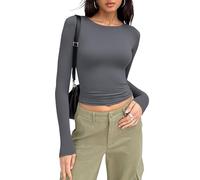 MOLERANI Women's Slim Fit Crop Tops Crew Neck Basic T-Shirt Solid Color Long Sleeve Tight Blouse Tee Tops Grey XL