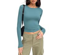 MOLERANI Women's Slim Fit Crop Tops Crew Neck Basic T-Shirt Solid Color Long Sleeve Tight Blouse Tee Tops Light Blue Green M