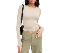 MOLERANI Women's Slim Fit Crop Tops Crew Neck Basic T-Shirt Solid Color Long Sleeve Tight Blouse Tee Tops Khaki XS