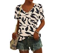 MOLERANI Womens T Shirts Short Sleeve V Neck Loose Summer Tees Basic Tops with Pocket Apricot Black Leaf 3XL