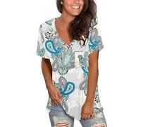 MOLERANI Womens T Shirts Short Sleeve V Neck Loose Summer Tees Basic Tops with Pocket Boho Blue Green White S