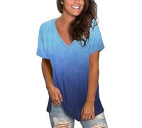 MOLERANI Womens T Shirts Short Sleeve V Neck Loose Summer Tees Basic Tops with Pocket Gradient Blue L