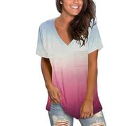 MOLERANI Womens T Shirts Short Sleeve V Neck Loose Summer Tees Basic Tops with Pocket Gradient Gray Pink 2XL