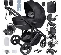 MoLi 3 in 1 Pushchair Pram Baby Stroller, Travel System with Reversible Two Pushing Modes, Newborn Infant Buggy with One-Click Folding, Toddler Carriage Aluminium Frame (H2 Black)