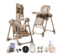 MoLi Electric Bluetooth Smart PU Leather Highchairs, Baby High Chair with Swinging Function, High Chairs for Babies and Toddlers, Removable Double Tray Baby Seat Feeding Chairs (E8121 Khaki)