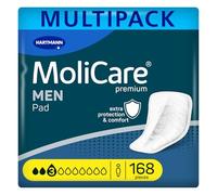 MoliCare Men Pad 3 Drops Discreet Incontinence Pads for Men, with Anti-Leak Guards, Instant-Dry Feeling, Advanced Skin Protection, 12 Packs of 14 Pads (168 Pieces)