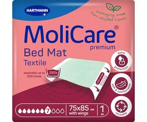 MoliCare Premium Bed Mat Textile 7 Drops with Wings, Washable Incontinence Bed Pad 75x85cm with Wings. Protect mattresses from Bed wetting - wash and Reuse. 1 Piece