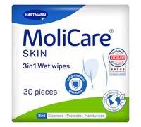 MoliCare Skin 3in1 Wet Wipes, Cleanse, Moisturise & Protect | 30 Wipes | Extra large wet wipes 20 x 29.5 cm, no-rinse cleansing, protects & moisturises sensitive/irritated skin for intimate hygiene
