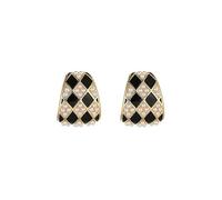 MOLICRAIN Hypoallergenic 925 Sterling Silver Earrings, Retro Checkered Pattern Post Black & Gold Earrings with Pearl Detailing, Lightweight Chic Earrings for Women, Valentine's Day Gifts for Her