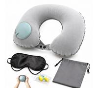 MOLICRAIN Inflatable Travel neck Pillow Set for Airplane, 15-Second Press-to-Inflate Neck Pillow, Leakproof Air Valve, Ultra-Light 85g, Compact Foldable, Soft Flocked Fabric, Eye Mask, Earplugs(Grey)