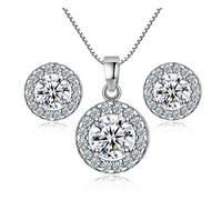 MOLIDAY Cubic Zirconia Solitaire Halo Square Triangle Pendant Necklace Stud Earrings Dainty Jewelry Set For Women Girls, Metal, Cubic Zirconia