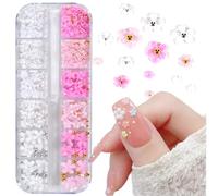 MOLILON 12 Grid 3D Flower Nail Art Charms, White Pink Acrylic Cherry Blossom Spring Petal, Gold Round Caviar Beads Studs Pearl with Pick Up Pen & Tweezer for Women DIY Manicure Accessory