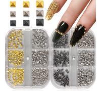 MOLILON 12 Grids Square Spire Nail Studs, Gold Black Punk Pyramid Nail Charms, Silver Cone Spike Studs with Pick Up Pen & Tweezer, 3D Gothic Nails Charms Stud for Women DIY Manicure Decorations