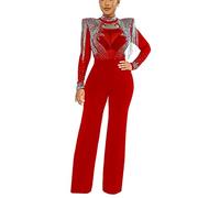 Molilove Womens Jumpsuit Long Sleeve Bodycon Sexy Club Sheer Mesh See Through Rhinestone Jumpsuit Rompers, Red, Small