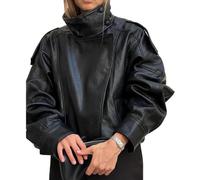 Molilove Women's Leather Jacket Casual Fall Zip Up Jacket Racer Varsity Jackets Biker Motor Coat Outwear, Black, L