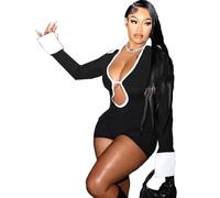 Molilove Women's Sexy Deep V Hollow Out Shirt Collar Short Sleeve Backless Strap Tight Jumpsuit Shorts Rompers, Black White, Large