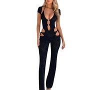 Molilove Women's Sexy Jumpsuits Short Sleeve Hollow Out Flare Pants Rompers Sexy One Piece Outfits Going Out, Black, M