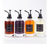 Molimoli Coffee Syrup Dispenser Set of 4, Glass Bottles with Pump, Labels, Black