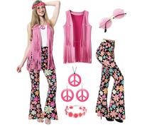 MOLLDAN Women’s 60S 70S Outfits Hippie Costume Retro Peace Sign Fringe Vest Flared Pants Set for Halloween Party, Brown-01, Large