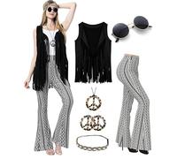 MOLLDAN Women’s 60S 70S Outfits Hippie Costume Retro Peace Sign Fringe Vest Flared Pants Set for Halloween Party, Black, Small