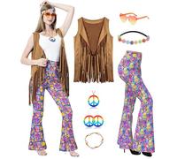 MOLLDAN Women’s 60S 70S Outfits Hippie Costume Retro Peace Sign Fringe Vest Flared Pants Set for Halloween Party, Brown-02, Medium