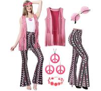 MOLLDAN Women’s 60S 70S Outfits Hippie Costume Retro Peace Sign Fringe Vest Flared Pants Set for Halloween Party, Pink-02, XX-Large