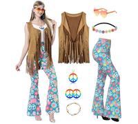 MOLLDAN Women’s 60S 70S Outfits Hippie Costume Retro Peace Sign Fringe Vest Flared Pants Set for Halloween Party, Pink-01, XX-Large