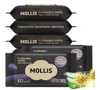 MOLLIS Flushable Toilet Wipes, Extra Large Unscented Wet Wipes for Adults, 100% Plant-Based with Witch Hazel & Vitamin E, Sewer & Septic Safe, 360 Count(6 Packs of 60)