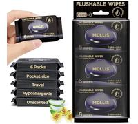 MOLLIS Flushable Toilet Wipes, Travel Size Unscented Wet Wipes with Witch Hazel & Vitamin E, On-The-Go Mini Pack, 100% Plant-Based, Sewer & Septic Safe, 6 Packs (36 Count)