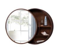 Molly 70 cm Round Bathroom Mirror Cabinet Brown Solid Wood Wall-Mounted Adjustable Height Rustic Design Clear Image Space-Saving Sliding Door