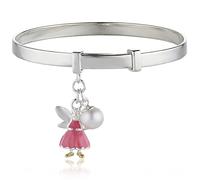 Molly Brown London Personalised Whisper the Pink Fairy Bangle - Engraved Christening Bracelet for Girls - Pearl & Enamel Charm - 9ct Gold Vermeil Detail - Hallmarked 925 Silver