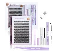 Molly Magic Flora Lash Clusters Kit, Wispy Natural 8-18mm D Curl Individual DIY False Eyelash Extension Kit with Lash Bond and Seal, Thin Invisible Black Lash Band