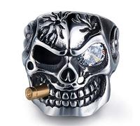 MollyQueen Vintage Stainless Steel Gothic Skull Smoking Bullet Biker Cocktail Party Ring for Men, Metal, Cubic Zirconia