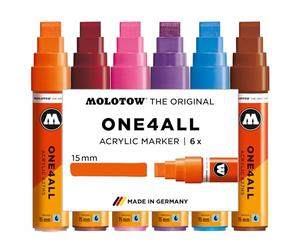 Molotow One4All 627HS Acrylic Marker Basic Set 2 (15.0 mm Line Width, High Coverage and Permanent, Quick Drying, Refillable, for Almost All Surfaces) Pack of 6 Assorted