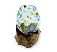 Molten Coloured Glass on Wood Small Vase - Handcrafted Natural Wood Base with Vibrant Hand-Blown Glass - 18x13x12 cm Decorative Vase for Modern Home Decor, Centerpieces