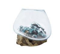 Molten Glass On Wood Bowl - Handmade Recycled Bali Art Decor